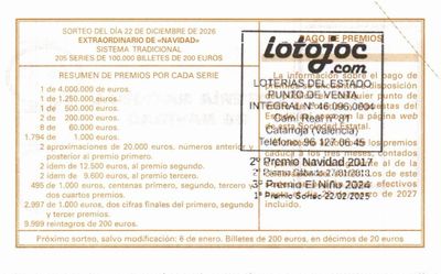 Reverso del d&eacute;cimo 46514 con el sello de la Punto de venta &laquo;Lotojoc&raquo;, en Catarroja
